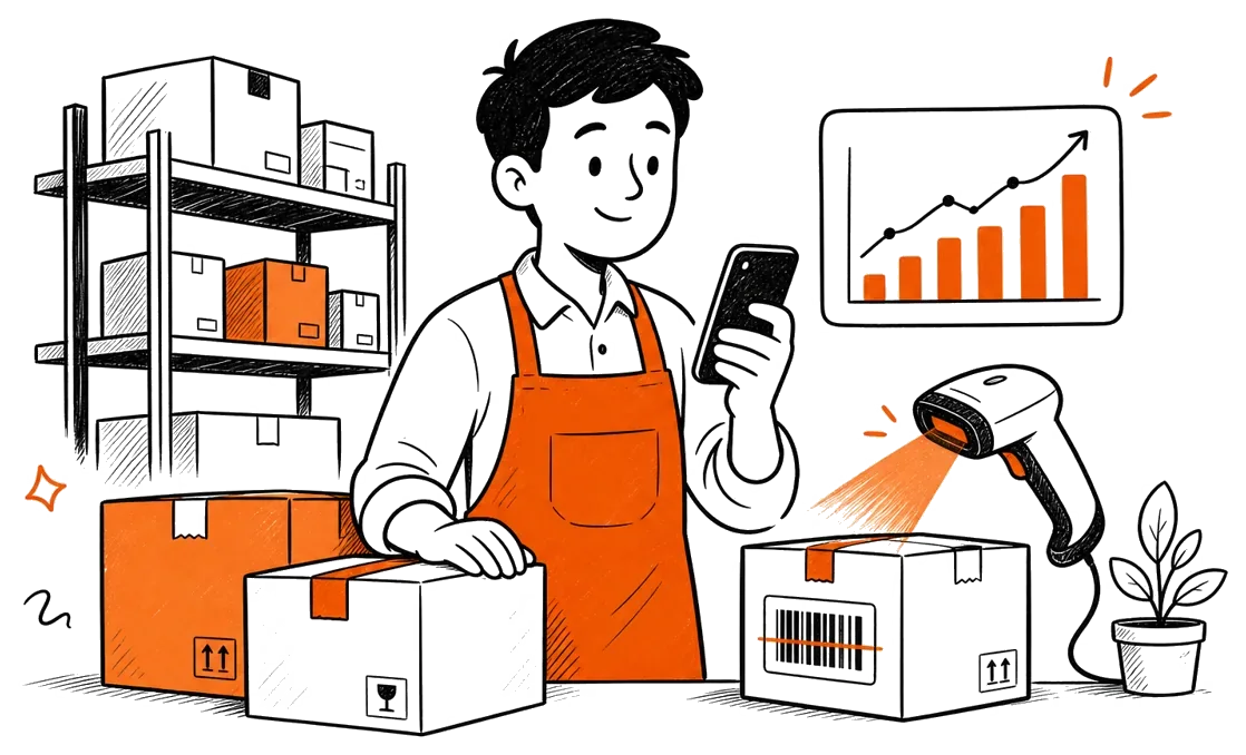 Ilustrasi pemilik toko mengelola stok dengan aplikasi Stokita